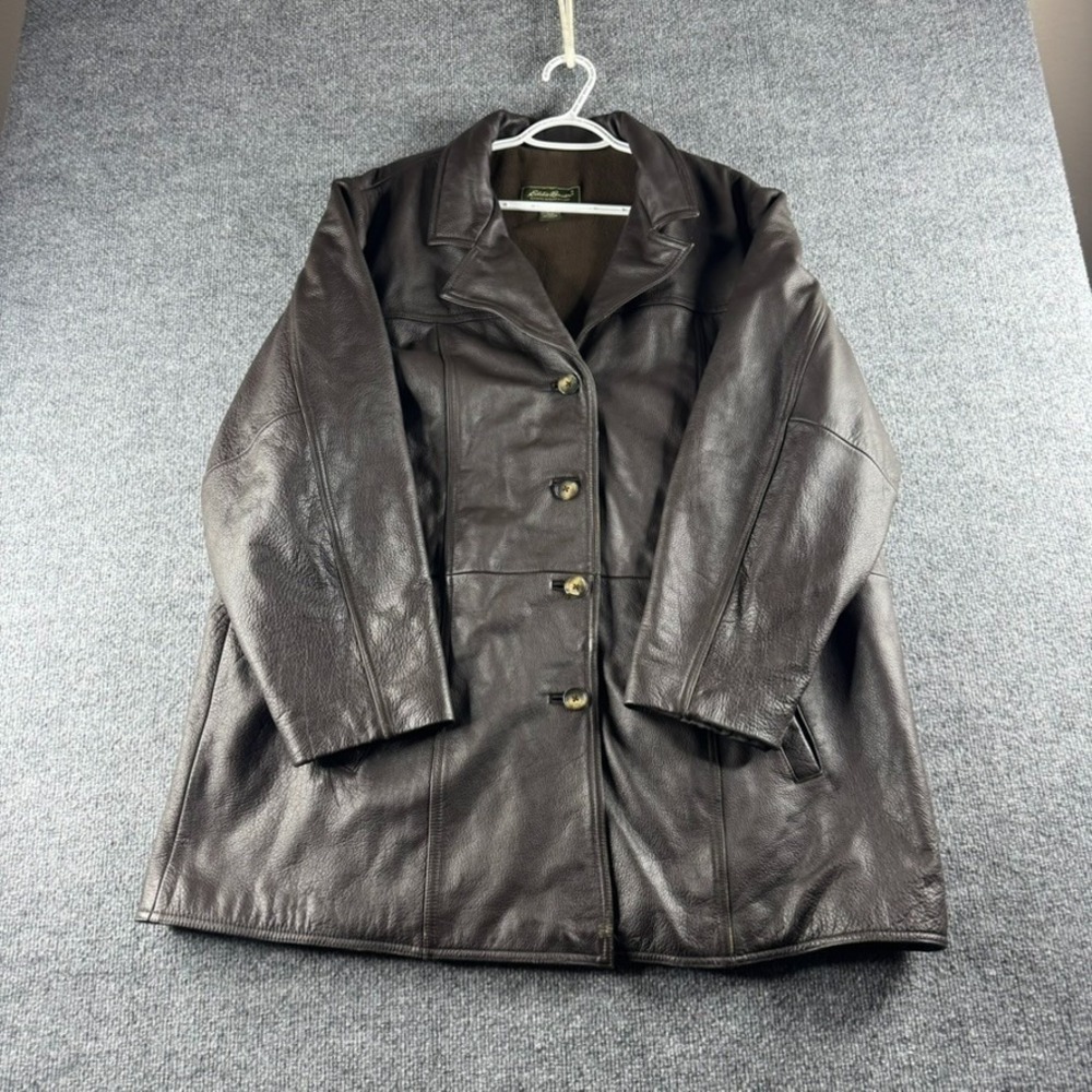 VINTAGE Eddie Bauer Women XXLT Brown Leather Coat Button Front Quilted 90s